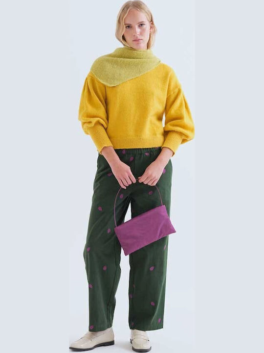 Women's High Rise Fabric Trousers with Elastic in Regular Fit Green