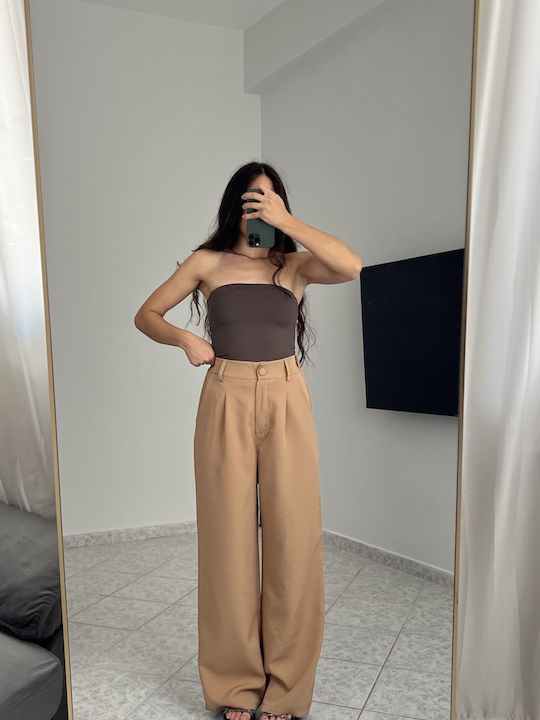 Women's High Rise Pantaloons with Rubber Band in Wide Leg Style Brown