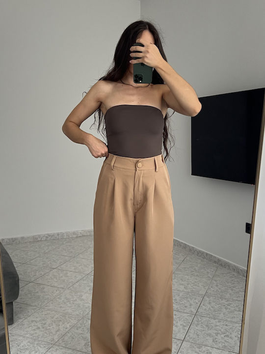 Women's High Rise Pantaloons with Rubber Band in Wide Leg Style Brown