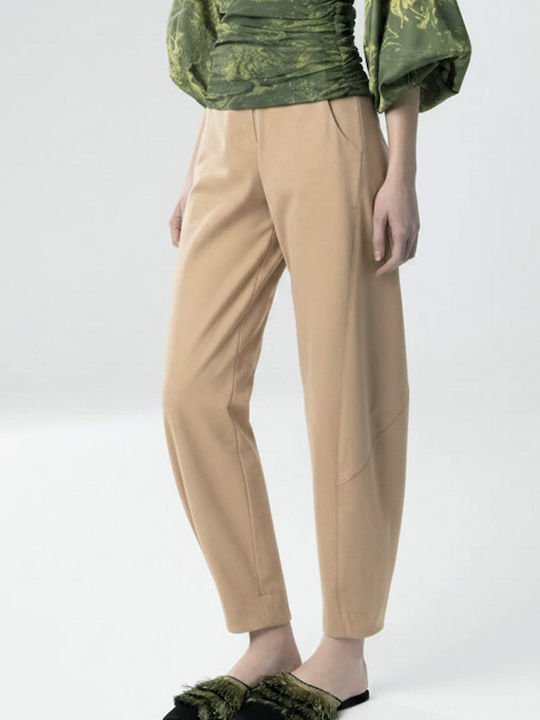 Moutaki Women's High-Waisted Fabric Trousers in Balloon Fit Sand