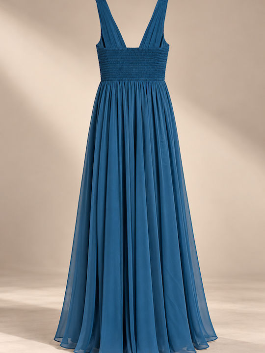 Summer Maxi Evening Satin Petrol Blue Dress