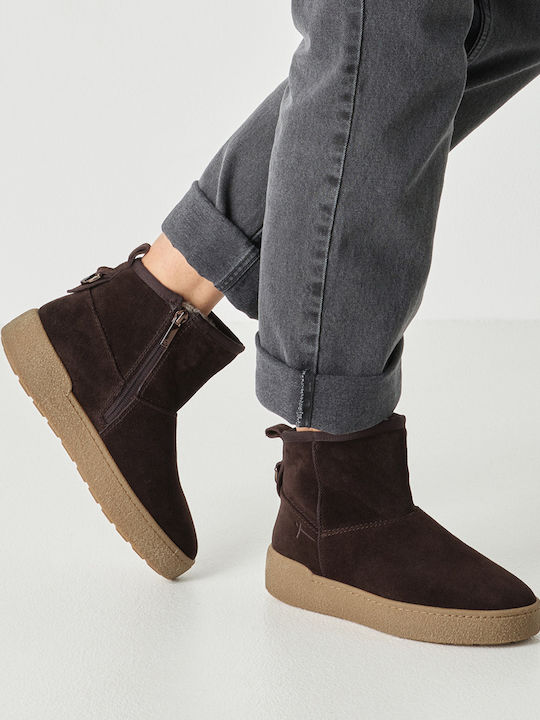 Leather Women's Ankle Boots with Fur Brown
