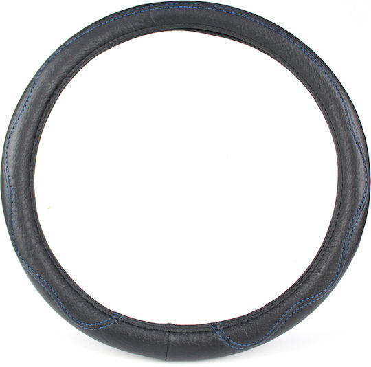 Slip-on Steering Wheel Cover Eco Leather Black Smooth Blue Stitching 38cm
