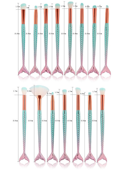 Maange Set 15 Make Up Brushes Mermaid Shape Pinkish Blue