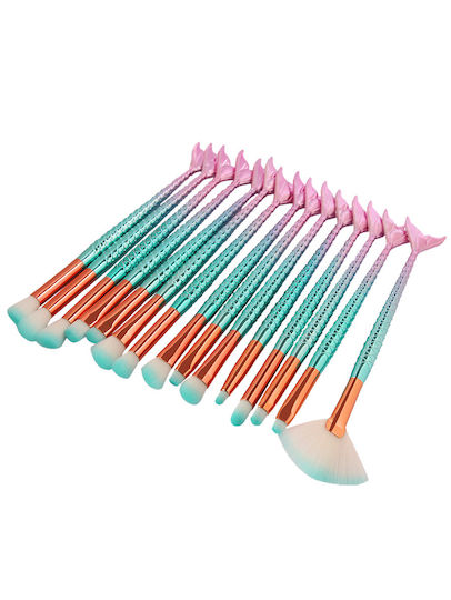 Maange Set 15 Make Up Brushes Mermaid Shape Pinkish Blue