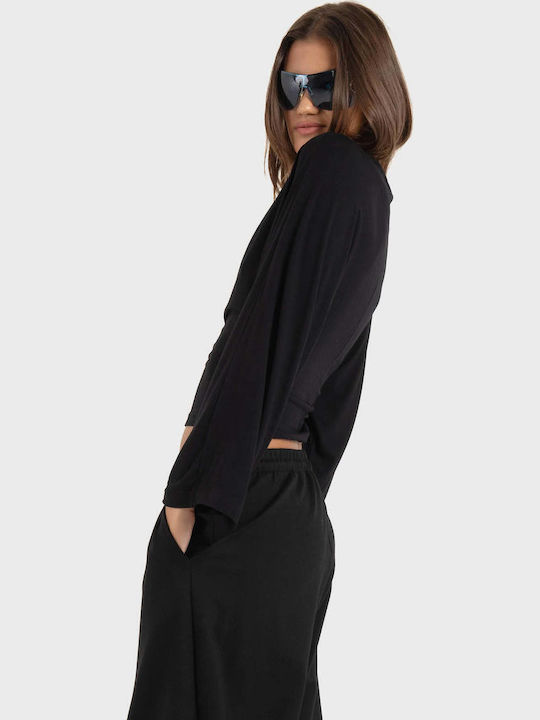 Damen Crop Top Drapierung Langärmelig Schwarz
