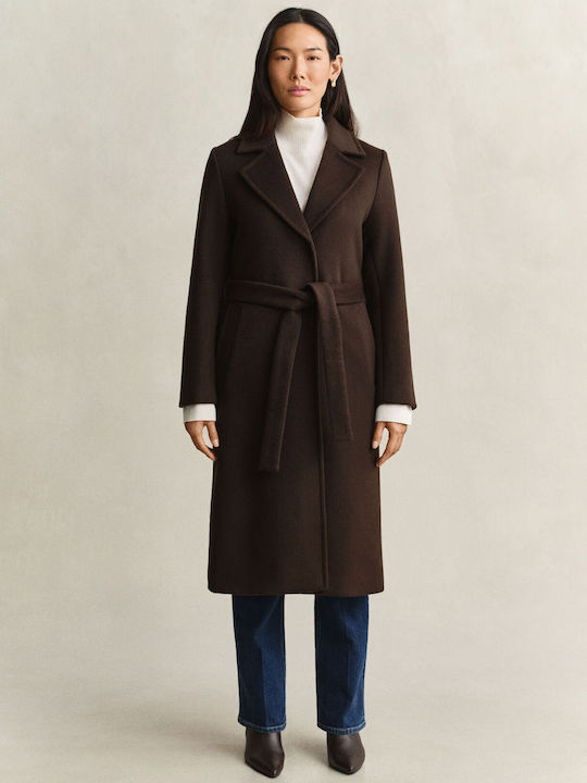 Wool Women's Coat Brown with Belt