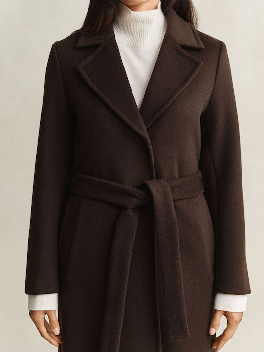 Wool Women's Coat Brown with Belt