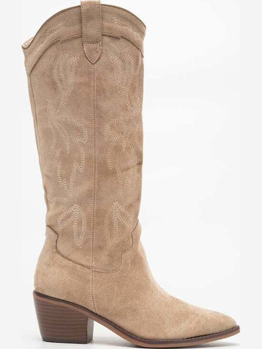 Suede Women's Cowboy Boots Beige