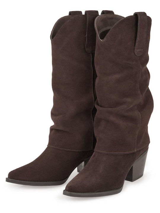 Wildleder Damenstiefel im Cowboy-Stil mit Mittelhohem Absatz Braun