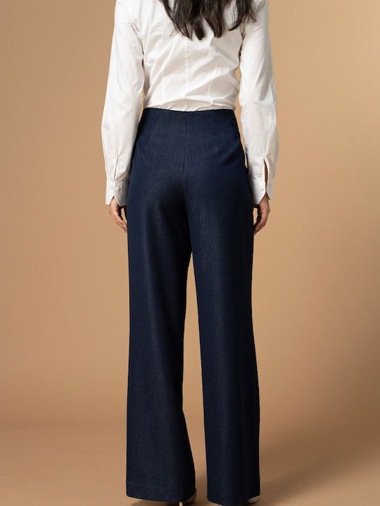 Lidya Women's High Rise Fabric Trousers in Wide Leg Style Navy Blue