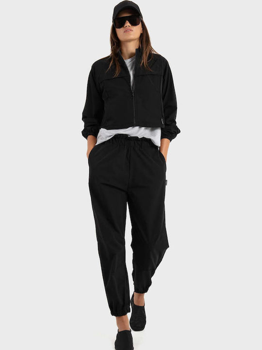 Women's High Rise Fabric Trousers with Rubber Band in Paperbag Fit Black