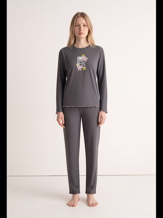 Minerva Set De Pijamale De Iarnă Pentru Femei Antracit Floral
