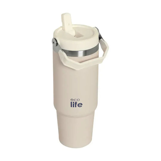 Ecolife Recyclable Thermos Bottle Stainless Steel / Aluminum BPA Free 900ml Light Rose with Handle and Straw