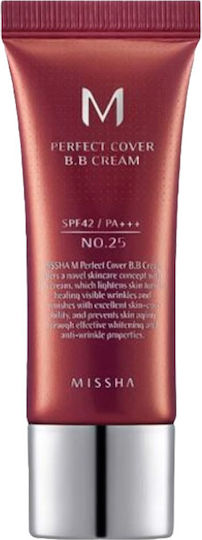 Missha Perfect Cover BB 25 Топло Бежово 25 Топло Бежово Лек Дневен Крем За Лице Със SPF42 За Хидратация, Против Несъвършенства И Блясък С Хиалуронова Киселина И Колаген 20 мл