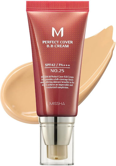 Missha Perfect Cover BB 25 Топло Бежово 25 Топло Бежово Лек Дневен Крем За Лице Със SPF42 За Хидратация, Против Несъвършенства И Блясък С Хиалуронова Киселина И Колаген 20 мл