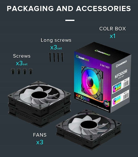 GameMax KF300R BK Обратен Перкa Вентилатор за Кутия 120mm (1600rpm / 44.35cfm) с ARGB Осветление и Свързване 4-изводна ШИМ 3бр Черен