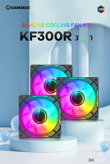 GameMax KF300R BK Обратен Перкa Вентилатор за Кутия 120mm (1600rpm / 44.35cfm) с ARGB Осветление и Свързване 4-изводна ШИМ 3бр Черен