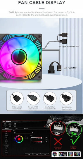 GameMax KF300R BK Обратен Перкa Вентилатор за Кутия 120mm (1600rpm / 44.35cfm) с ARGB Осветление и Свързване 4-изводна ШИМ 3бр Черен