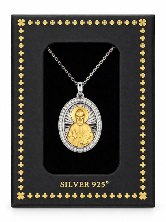 Ulysses Silver Pendant Talisman “Saint Paisios” Two-Tone 925 Silver 14k Gold Plating Chain 925 Rhodium Silver