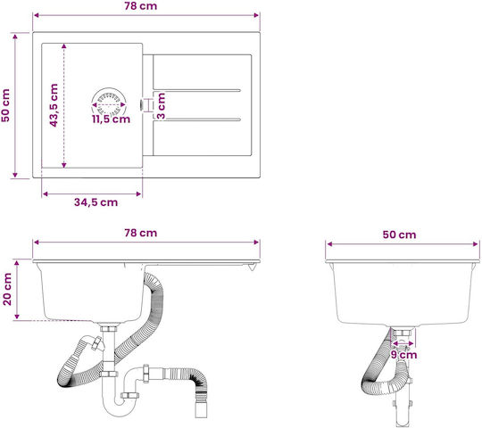 vidaXL Drop-In Küchenspüle aus Flüssigem Granit M78xB50cm Grau