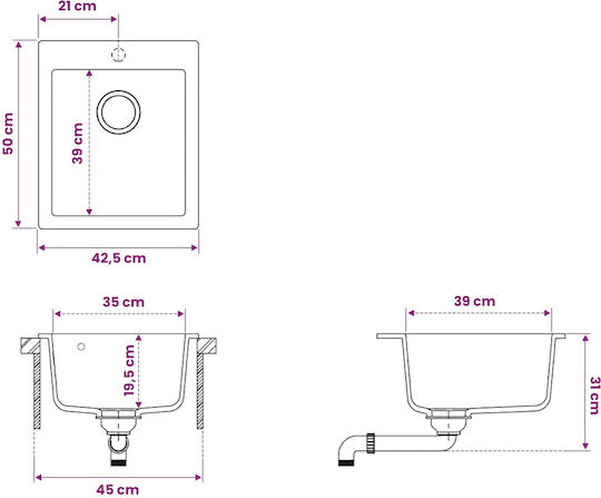 vidaXL Drop-In Küchenspüle aus Flüssiger Granit M42.5xP50cm Graues