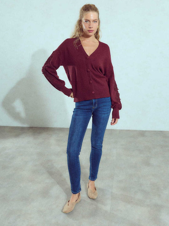 Celestino Cardigan Pentru Femei Broderie Pe Mâneci Burgundia