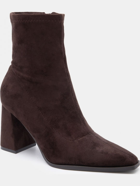 Suede Women's Ankle Boots with High Heel Brown