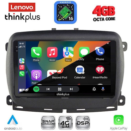 Lenovo Автомобилна Аудио Система За Fiat 500 2016-2025 (Bluetooth/USB/Вграден Wi-Fi/GPS/Apple CarPlay/Android Auto) С Touch Screen 9"
