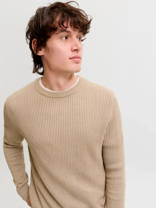 Crew Neck Herrenblusen Langarm Beige