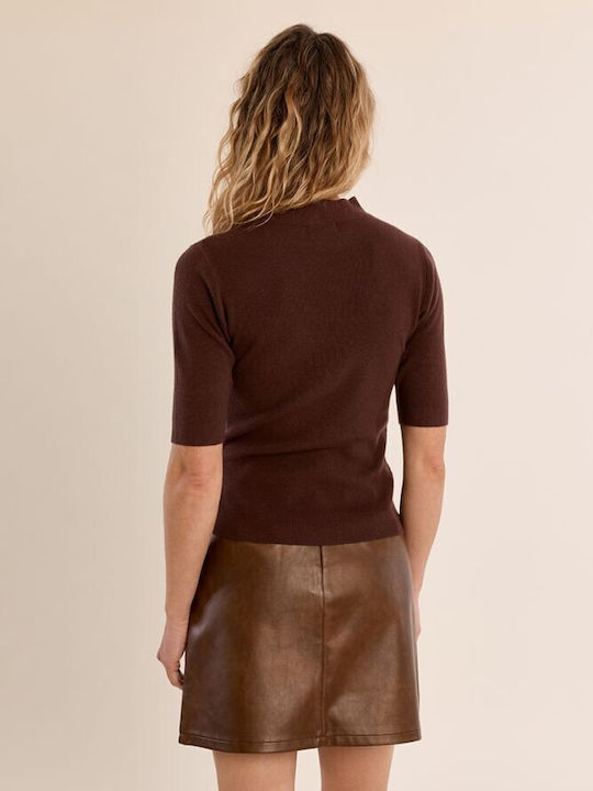Women's Turtleneck Blouse with 3/4 Sleeve Brown