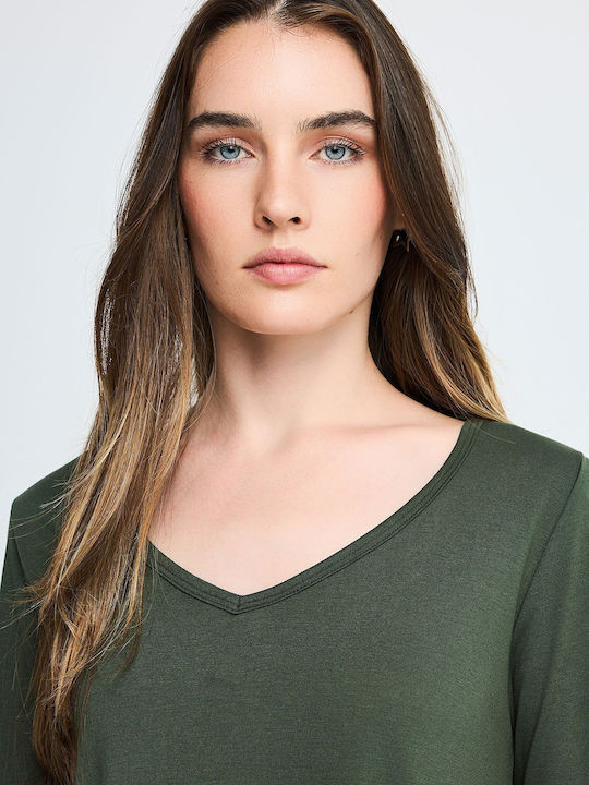 Damen Bluse Langärmelig mit V-Ausschnitt Khaki