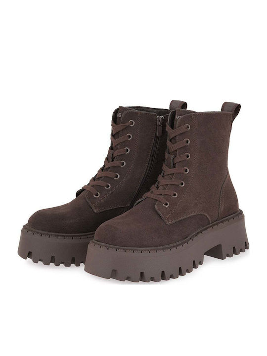 Suede Women's Combat Boots with Mid Heel Brown