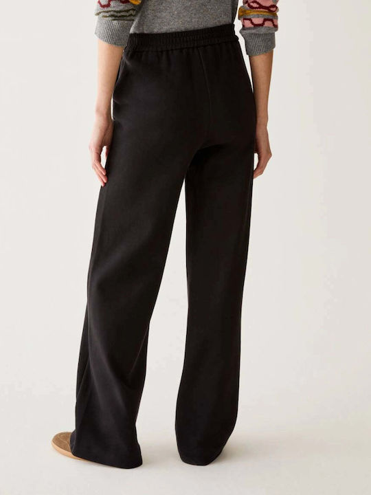 Women's Fabric Trousers with Rubber Band in Straight Leg Style Black