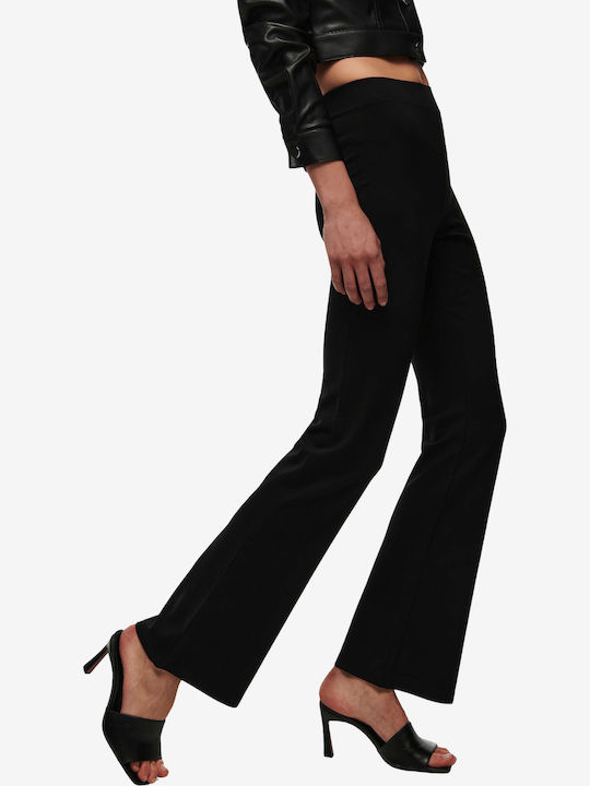 Women's High Rise Fabric Flared Trousers with Rubber Band Black