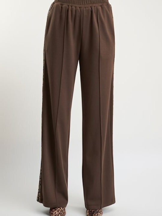 Women's Brown Set with Trousers with Elastic in Loose Fit Leopard