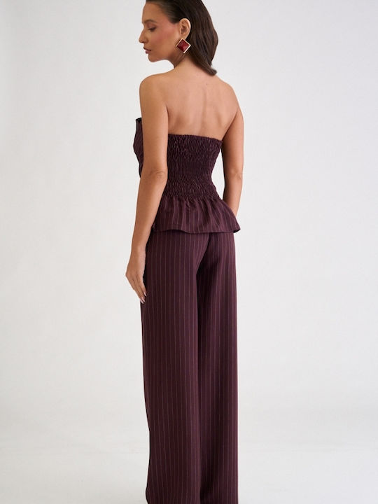 Damen Burgundisches Set mit gestreiftem Hosen für Damen