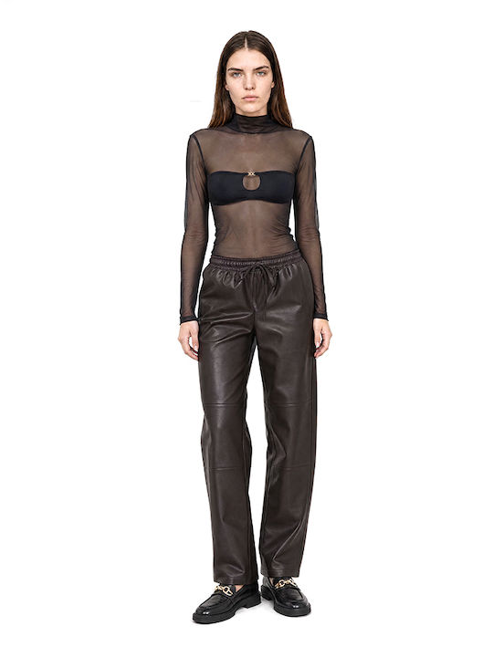 Damen Hochgeschnittenes Lederhose mit Gummiband Braun