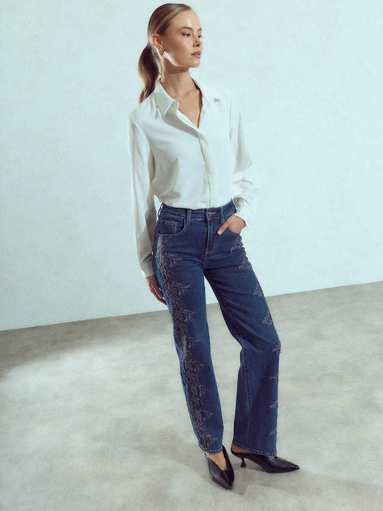 Celestino Γυναικείο Τζιν Wide Leg Κέντημα Στο Πλάι Loose Fit Σκούρο Μπλε