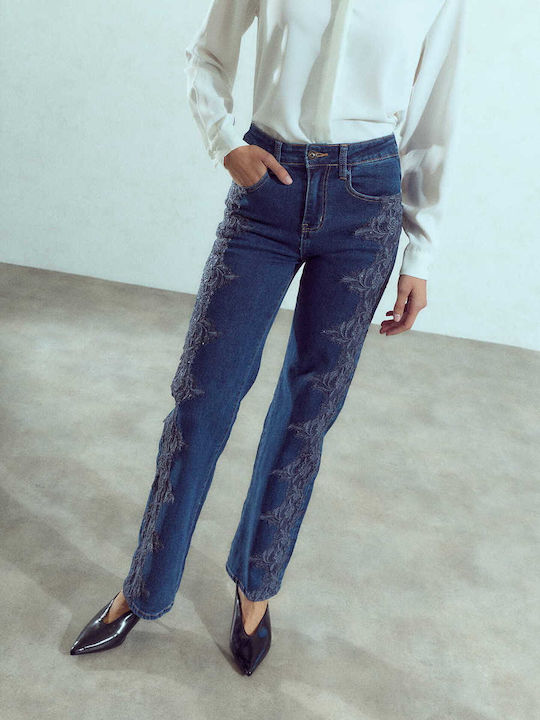 Celestino Γυναικείο Τζιν Wide Leg Κέντημα Στο Πλάι Loose Fit Σκούρο Μπλε