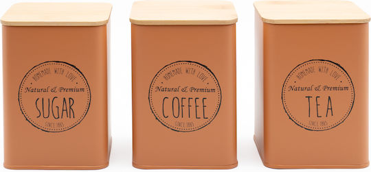 Set of 3 Metallic Jars Coffee – Sugar – Tea 10x10x13 Bamboo Lids Sidirela Orange E-0038-2