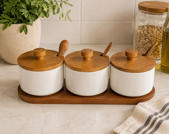 Set 3 Pieces General Use Vases with Lid and Stand Made of White Porcelain