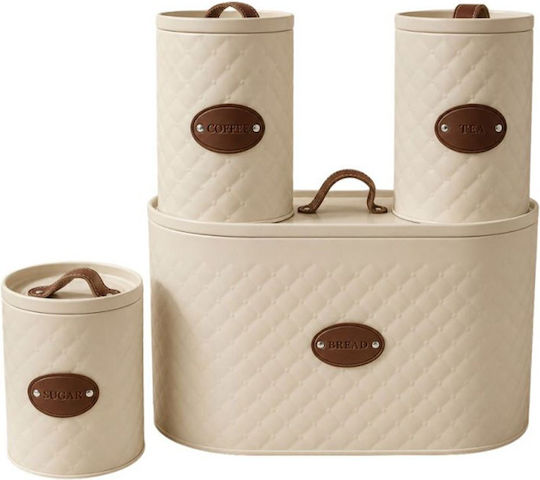 Set 4 Crem Metallisch Relief Brotboxen 3 Stücke Tee Kaffee Zucker 33x17x20cm Φ11x16cm
