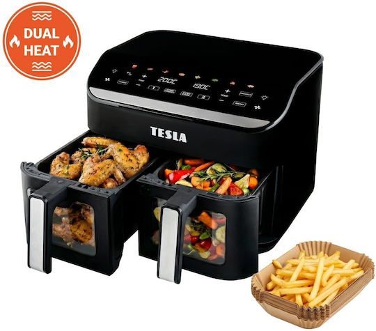 Tesla Electronics AirCook DualHeat QD464 XXL Heißluftfritteusen mit Doppelter Abnehmbarer Behälter 9lt Schwarz