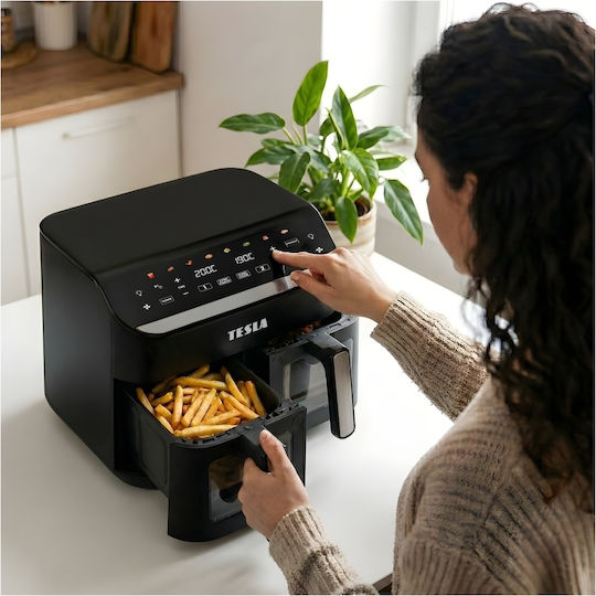 Tesla Electronics AirCook DualHeat QD464 XXL Heißluftfritteusen mit Doppelter Abnehmbarer Behälter 9lt Schwarz