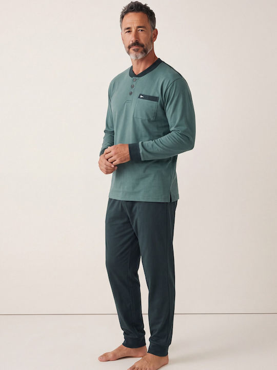 Мъжка Пижама Collection Henley Фуутър 65% Памук Българско Производство Зелен Cl2725-68-зелен