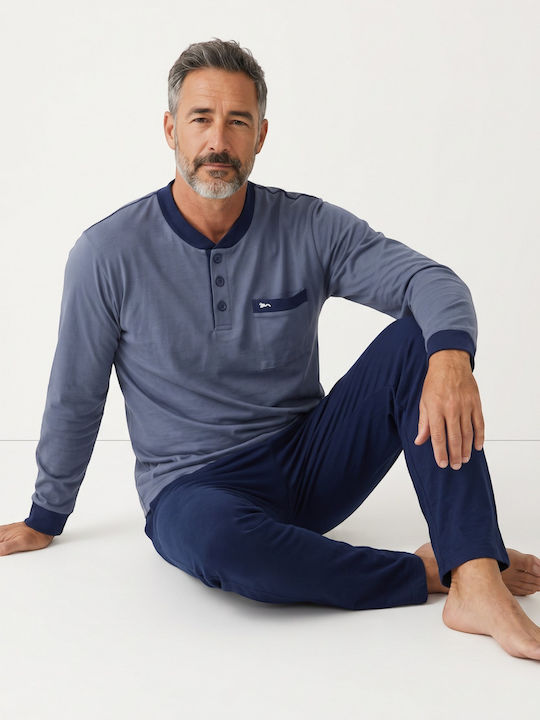 Ανδρική Πιτζάμα Collection Henley Φούτερ 65% Βαμβάκι Ελληνικής Κατασκευής Μπλέ Cl2725-61-μπλε