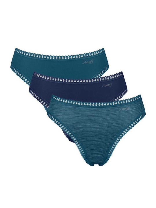 Βαμβακερά Ψηλόμεσα Γυναικεία Slip 3Pack με Δαντέλα Πετρόλ