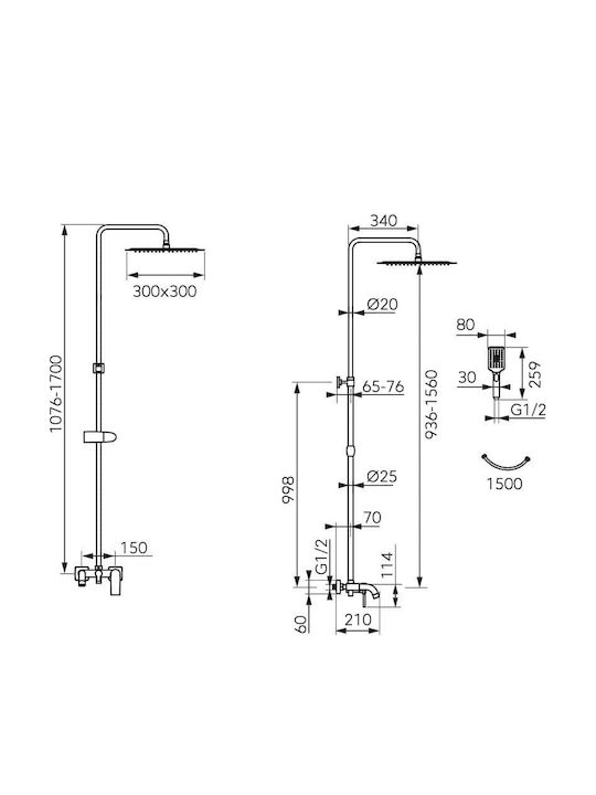Ferro Algeo Square Höhenverstellbare Duschsäule mit Wannenbatterie 107.6-170cm Silber