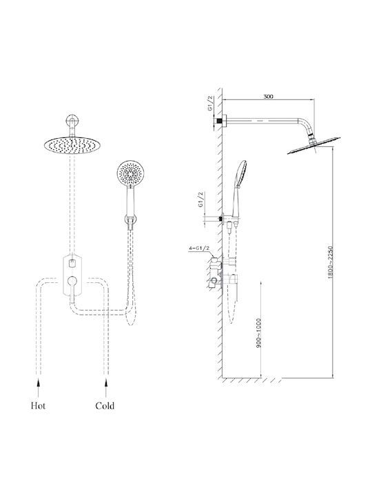 Orabella Elegance Höhenverstellbare Duschsäule mit Wannenbatterie 88-118cm Silber